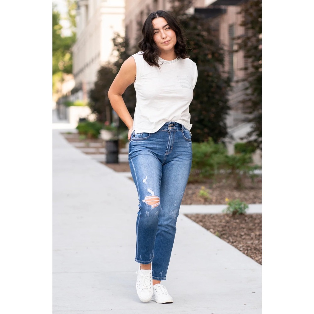Kancan Straight Fit Distressed Denim Jeans With One Knee Rip Size 11/29